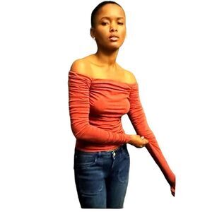 MAEVE ANTHROPOLOGIE Women's Off The Shoulder Ruched Long Sleeve Top Rust Medium